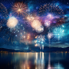 A festive night illuminated by stunning, colorful fireworks, painting the night sky with vibrant hues during celebratory moments. Welcome the New Year with a vivid display of exploding fireworks