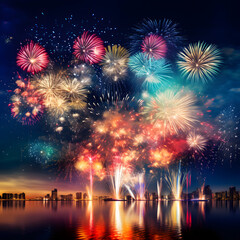 A festive night illuminated by stunning, colorful fireworks, painting the night sky with vibrant hues during celebratory moments. Welcome the New Year with a vivid display of exploding fireworks