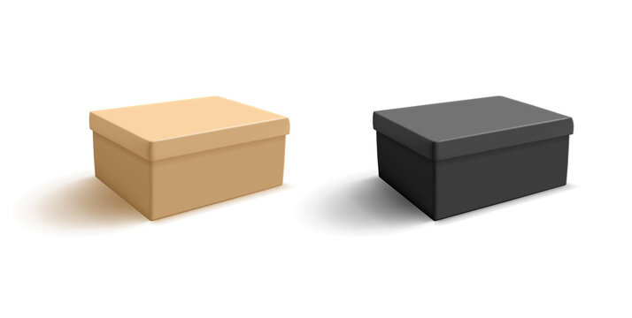 Set of 3D boxes for shoes and other goods. Realistic illustration of closed boxes for branding and selling products. Black and brown packaging.