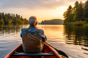 Rear view of retired older man enjoying a peaceful moment while canoeing or kayaking on calm waters during late afternoon or dusk. A serene scene, contemplative solitude and tranquility
