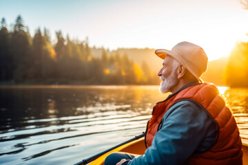 Retired older man enjoying a peaceful moment while canoeing or kayaking on calm waters during late afternoon or dusk. A serene scene, contemplative solitude and tranquility