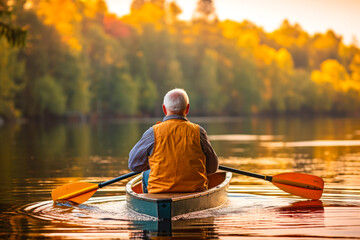 Rear view of retired older man enjoying a peaceful moment while canoeing or kayaking on calm waters during late afternoon or dusk. A serene scene, contemplative solitude and tranquility