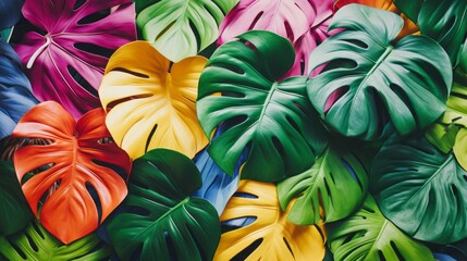 Tropical elegant background with monstera leaves on a colorful background