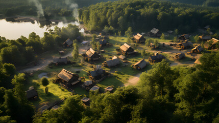 Aerial view of tiny home village in nature - obrazy, fototapety, plakaty