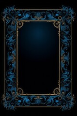 graphic vertical frame, blue, flowers, black background