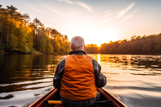 Rear view of retired older man enjoying a peaceful moment while canoeing or kayaking on calm waters during late afternoon or dusk. A serene scene, contemplative solitude and tranquility
