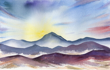 Watercolor drawing. Mountain landscape at sunset.
