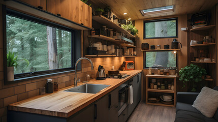 Compact functional kitchen in a tiny home - obrazy, fototapety, plakaty