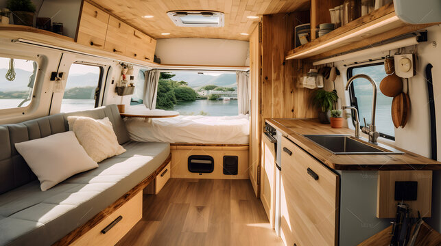 Compact living space in converted van interior