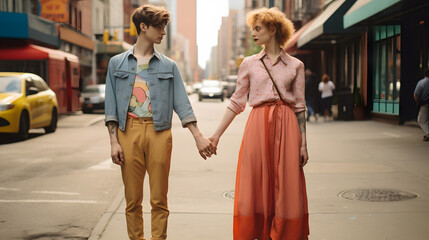 LGBTQ couple with gender-fluid fashion in city