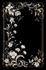 graphic vertical frame, white, flowers, black background, cornice fiori bianchi decorata verticale rettangolare dorso carta cartolina copertina libro - obrazy, fototapety, plakaty