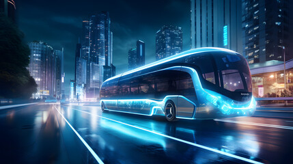 Fototapeta premium Futuristic electric bus in smart city at night