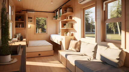 Smart interior of tiny house with space-saving furniture - obrazy, fototapety, plakaty