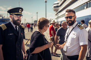 Cruise ship staff, smiling men in uniform, greet passengers at the port at the pier. - obrazy, fototapety, plakaty