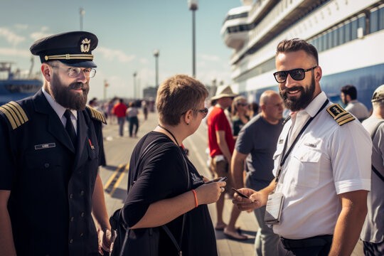 Cruise ship staff, smiling men in uniform, greet passengers at the port at the pier.