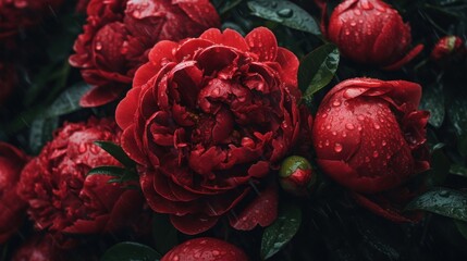 Beautiful red peonies with raindrops on the petals. Springtime Concept. Mothers Day Concept with a Copy Space. Valentine's Day.