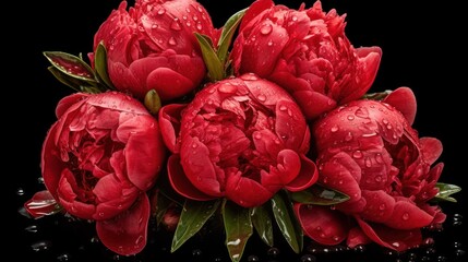 Beautiful red peonies on a black background with drops of water. Springtime Concept. Mothers Day Concept with a Copy Space. Valentine's Day.