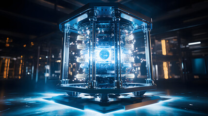 Quantum computing machine operating with blue lighting - obrazy, fototapety, plakaty