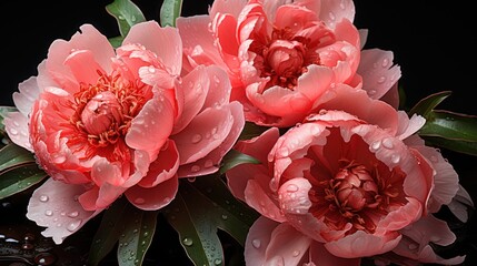 Beautiful pink peony flowers with water drops on black background. Springtime Concept. Mothers Day Concept with a Copy Space. Valentine's Day.