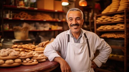 Wide shot portrait of smiling pastry shop owner standing in pastry shop in the souks of Marrakech.

 - obrazy, fototapety, plakaty