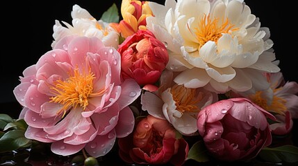 Bouquet of pink peonies with water drops on black background. Springtime Concept. Mothers Day Concept with a Copy Space. Valentine's Day.