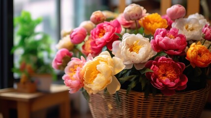 Bouquet of colorful peony in a wicker basket. Springtime Concept. Mothers Day Concept with a Copy Space. Valentine's Day.