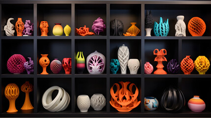 Colorful 3D printed objects on display
