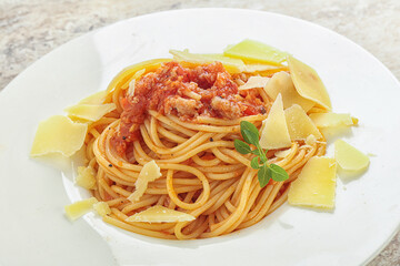 Italian pasta Spaghetti bolognese with parmesan