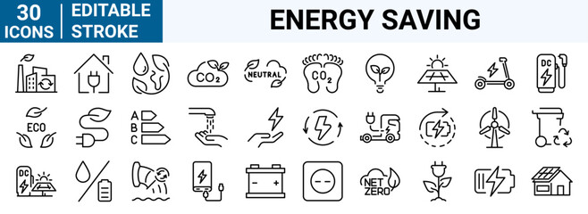 set of 30 line web icons Energy saving and efficiency. Green energy. renewable energy. ecology. Editable stroke.