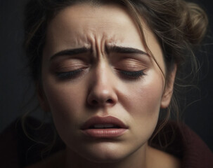 Fototapeta premium Woman in deep distress, shedding tears. It's suitable for illustrating sadness, despair, emotional turmoil, mental health, and the complexities of human emotions