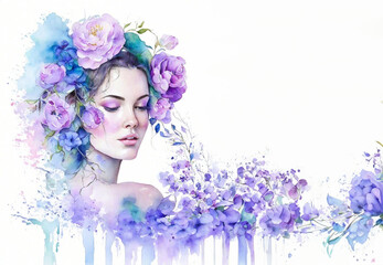 A fashion ethereal watercolor portrait of beautiful young woman with flowers