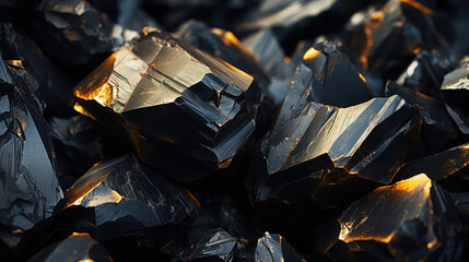 Dark, shiny rocks setting off black and gold crystal formations. - obrazy, fototapety, plakaty