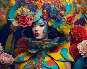 Avant-garde surreal fashion model in bright, vivid colors. Ideal for fashion, avant-garde, and surreal photography concepts.