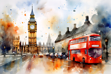 Fototapeta na wymiar London city abstract art in watercolor style painting