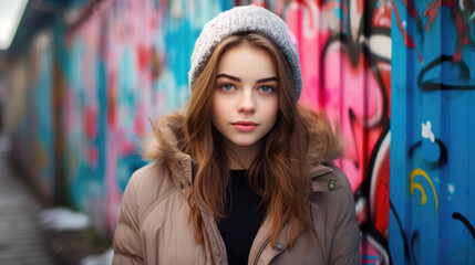Girl in down jacket and beanie against graffiti wall