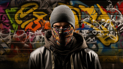 Fototapeta na wymiar Street artist against graffiti wall