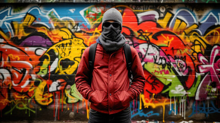Man in sunglasses, beanie and red jacket standing in front of graffiti wall, hands in pockets
