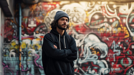 Street artist in hoodie and beanie against graffiti wall