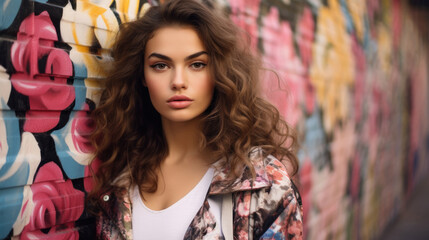 Pretty woman with curly hair in colorful floral jacket against graffiti wall