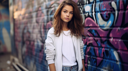 Naklejka premium Teenage girl near graffiti wall