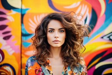 Pretty woman with curly hair in colorful floral jacket against graffiti wall