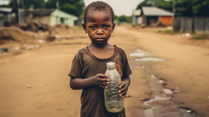 A little sad and thirsty African boy holds an empty water bottle in his hands - obrazy, fototapety, plakaty