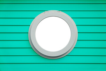 PVC ship round window frame on emerald green striped wall and transparent background