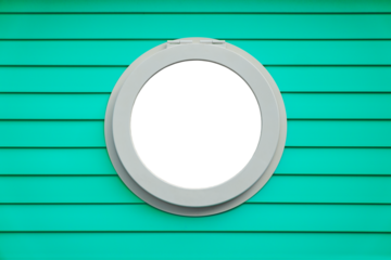 PVC ship round window frame on emerald green striped wall and transparent background