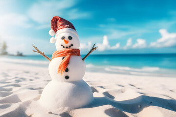 White snowman on the beach, concept of tropical christmas background