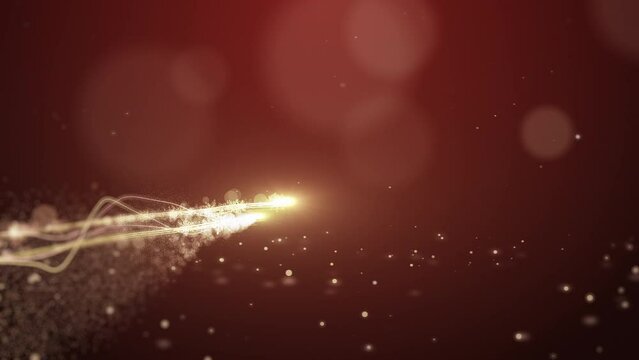 Glowing gold Christmas tree animation with particles lights stars and snowflakes on red. Holidays concept background 4k