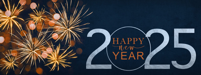 HAPPY NEW YEAR 2025 - Festive silvester firework background panorama greeting card banner long - Fireworks on dark blue night - obrazy, fototapety, plakaty