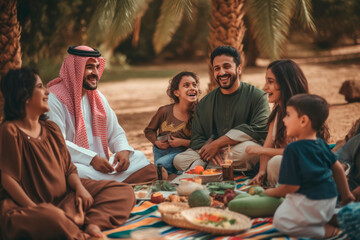 Desert Oasis Picnic: A Picturesque Snapshot of a Arab Family Enjoying Picnics in an Arid Landscape, Surrounded by Palms, Creating a Oasis Retreat in an Arabian Atmosphere.

 - obrazy, fototapety, plakaty