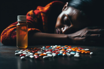 Unconscious woman with spilled pills and medicine bottle