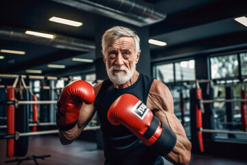 Portrait of senior man showcasing strength and resilience as a boxer, breaking stereotypes with confidence and vitality in his focused exercise routine. Never too old to train